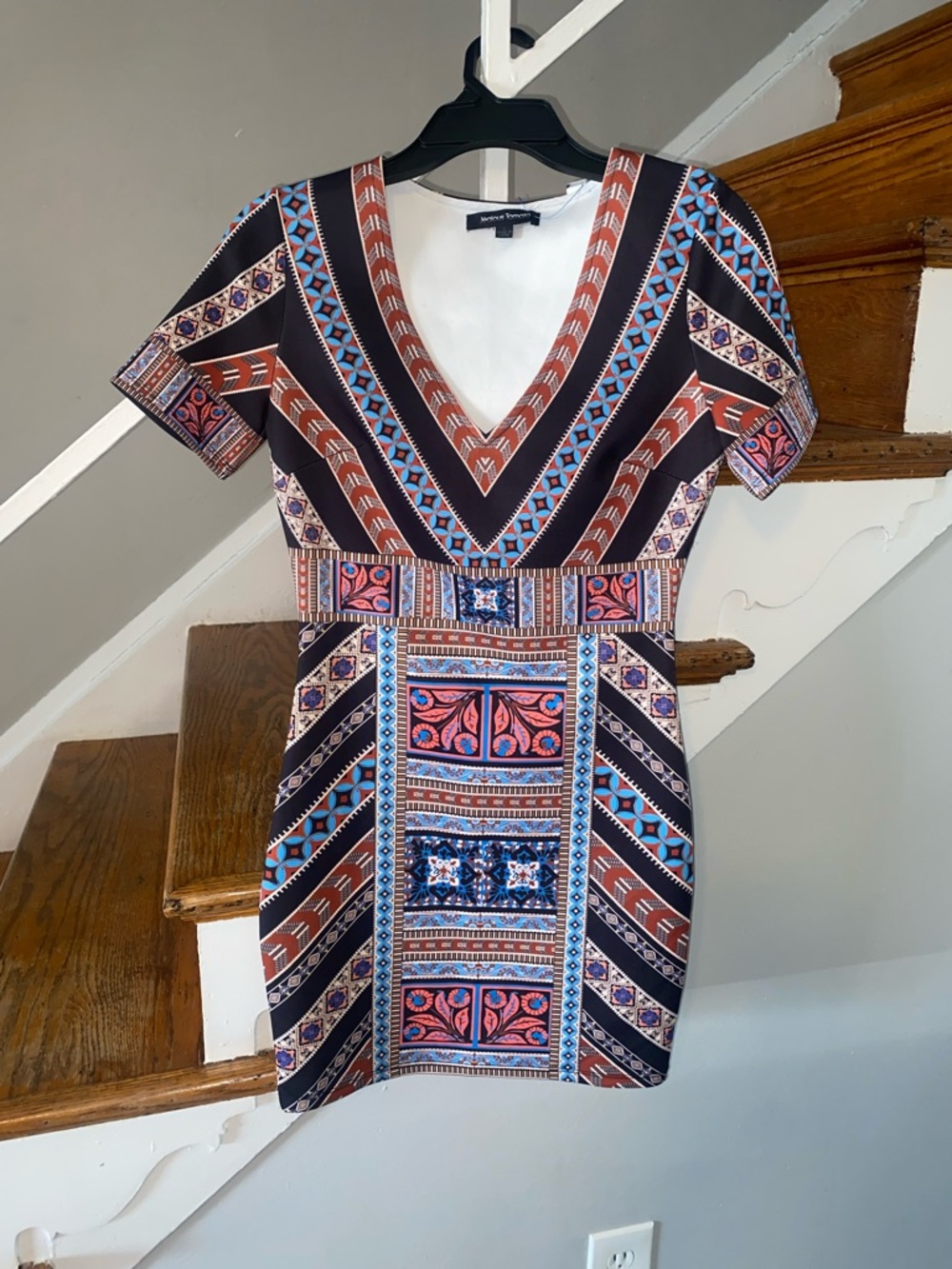 Jealous Tomato Black, Blue & Rust Geometric V-Neck Mini Dress